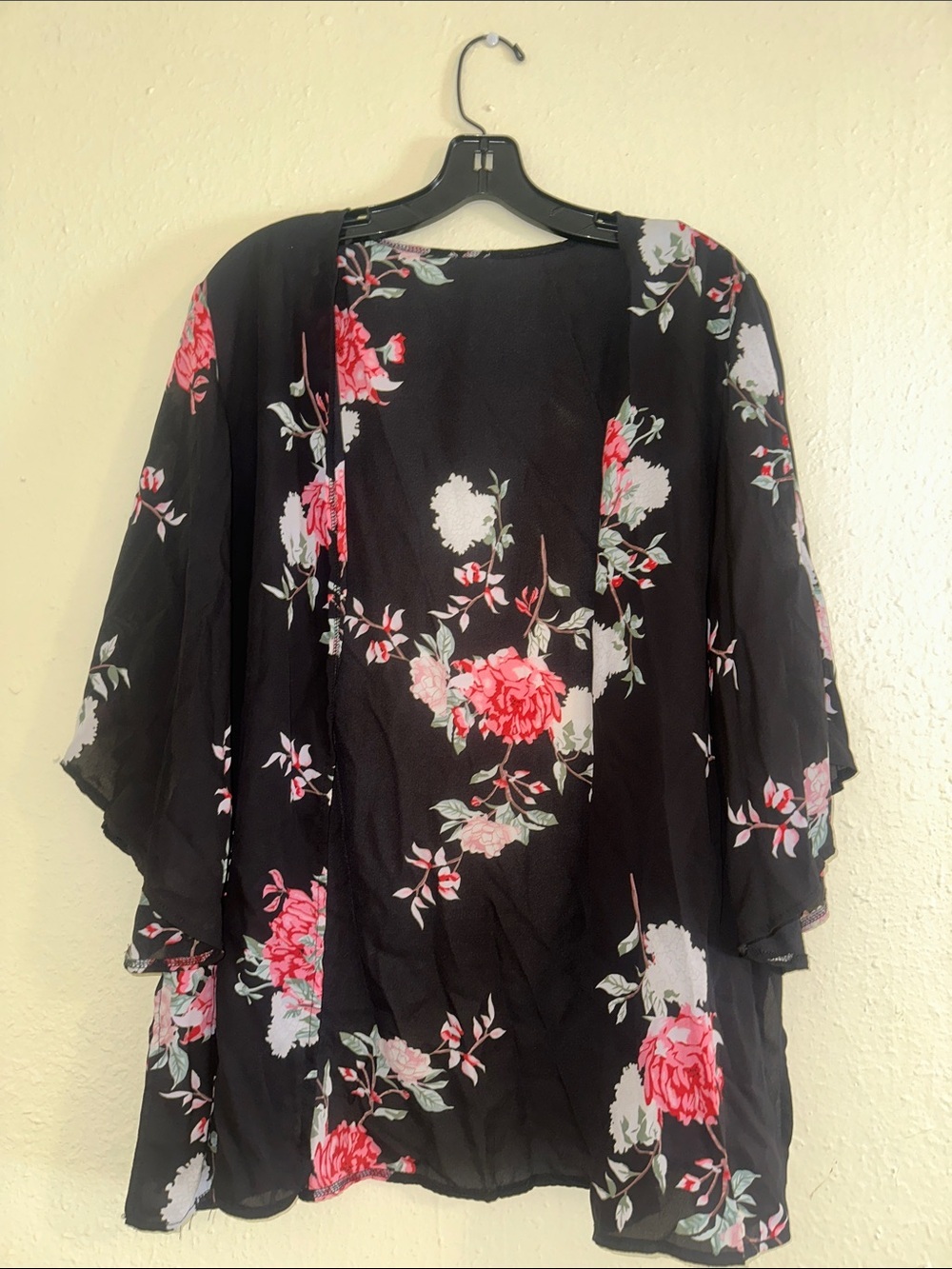 Black Floral Sheer Kimono with Pink & White Blooms